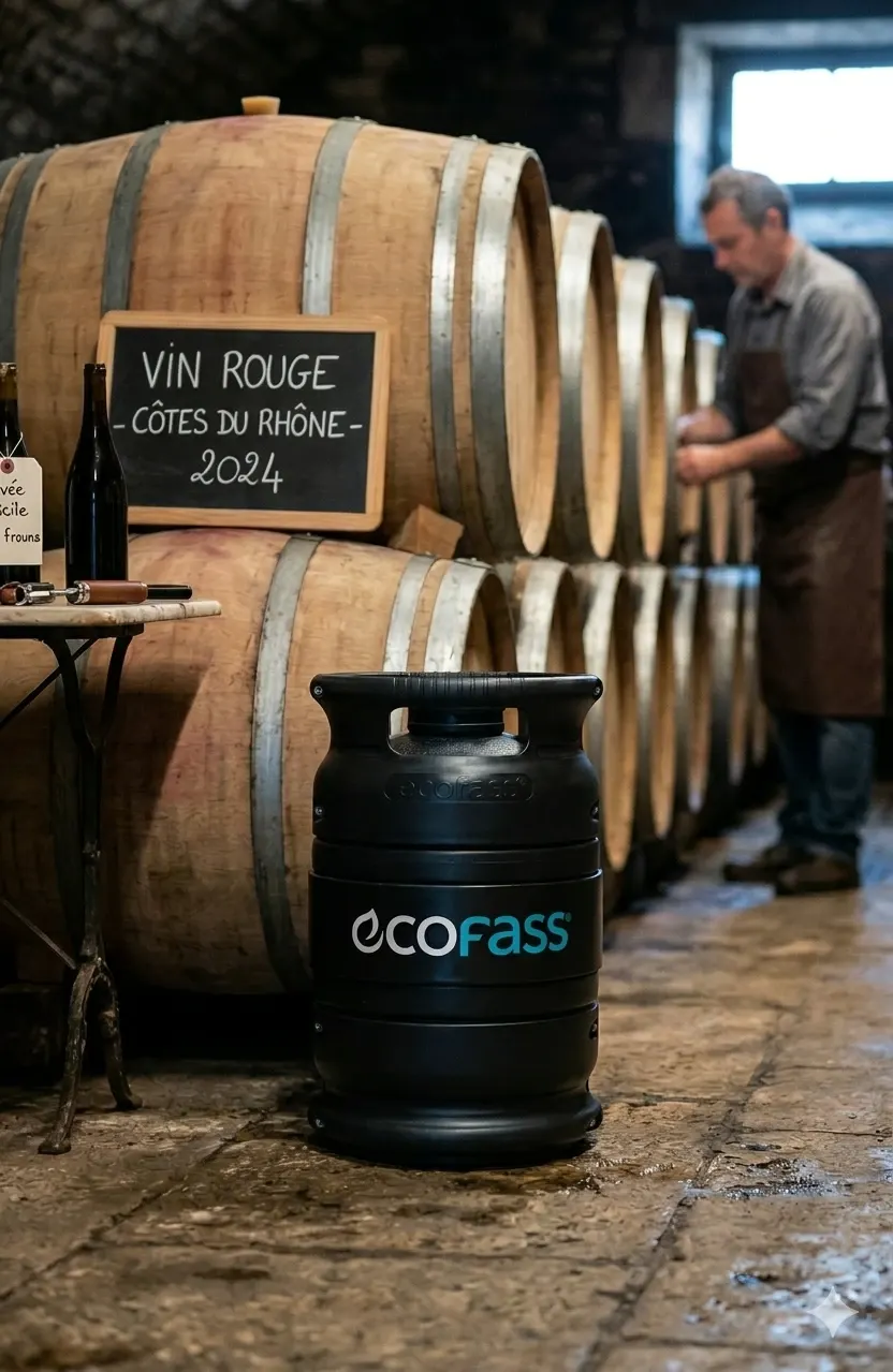 Vigneron au travail dans son chai, parmi les fûts de chêne